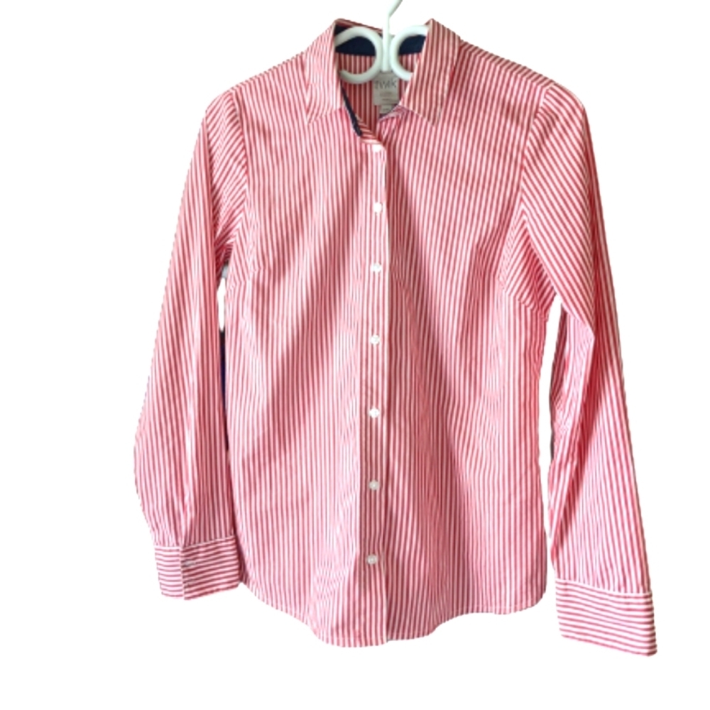 Simons striped red and white button down shirt